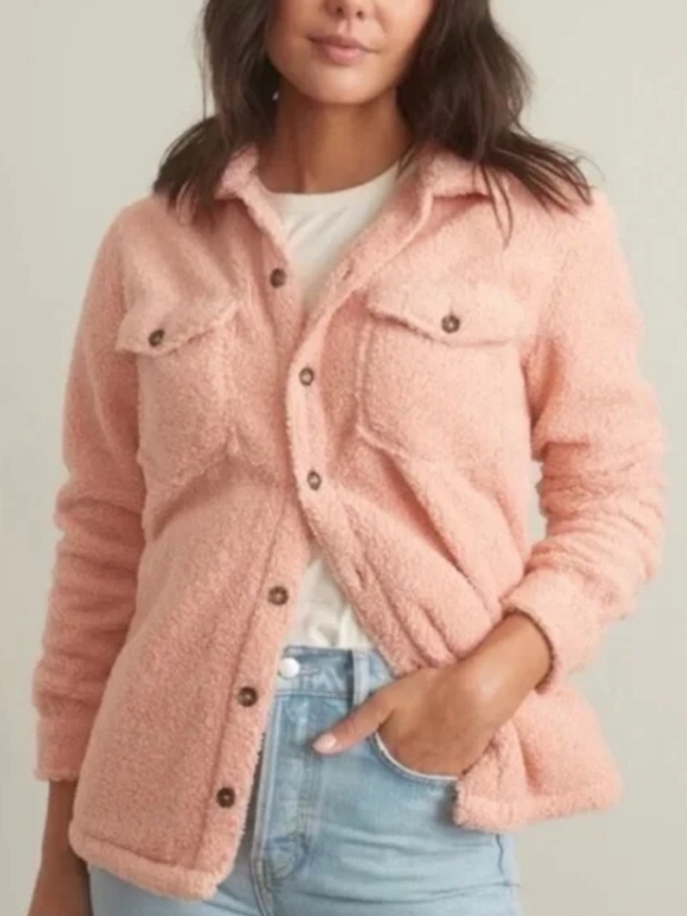 Marine Layer | Women’s ‘Cloud Coral’ Eden Sherpa Oversized Button Down Shacket M